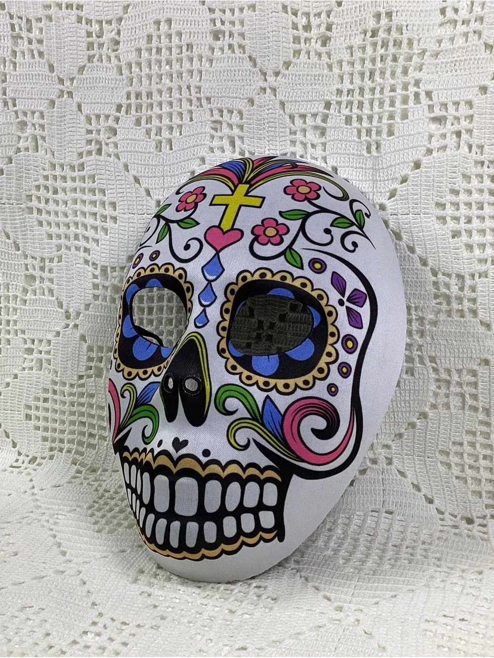 White Sugar Skull Party Mask with Colorful Floral Design